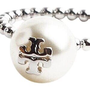 NEW Tory Burch Milgrain Beaded Pearl Ring Sz 7 Silver